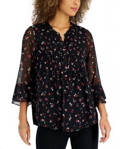 Petite Printed Pintuck Top Deep Black Combo $23.27 Tops