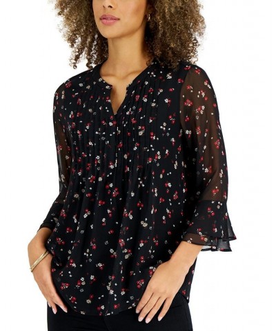 Petite Printed Pintuck Top Deep Black Combo $23.27 Tops