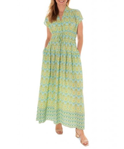 Women's Printed Cap-Sleeve Shirred-Waist Crepe Maxi Dress Green $37.76 Dresses