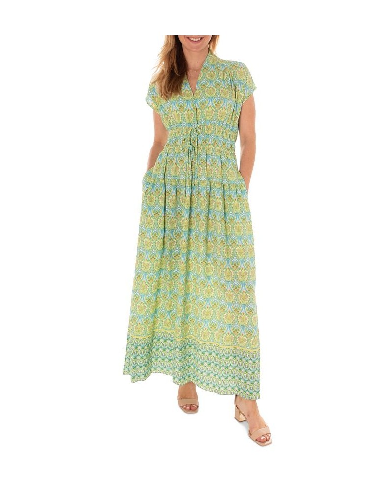 Women's Printed Cap-Sleeve Shirred-Waist Crepe Maxi Dress Green $37.76 Dresses