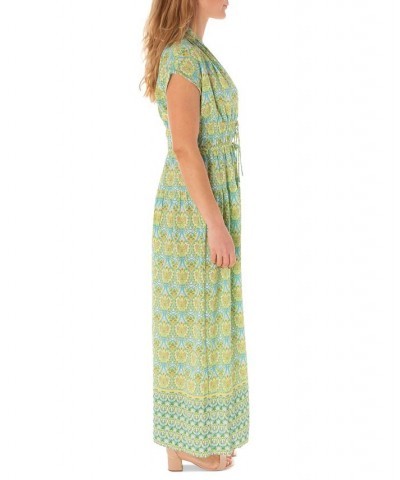 Women's Printed Cap-Sleeve Shirred-Waist Crepe Maxi Dress Green $37.76 Dresses