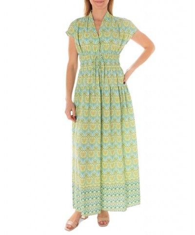 Women's Printed Cap-Sleeve Shirred-Waist Crepe Maxi Dress Green $37.76 Dresses