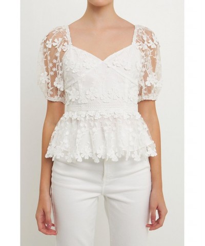 Women's Crochet Puff Sleeve Top White $42.00 Tops