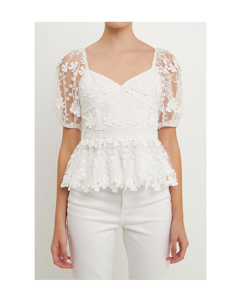 Women's Crochet Puff Sleeve Top White $42.00 Tops