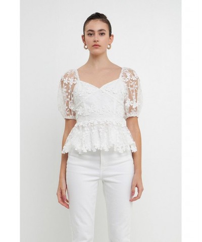 Women's Crochet Puff Sleeve Top White $42.00 Tops