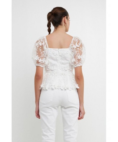 Women's Crochet Puff Sleeve Top White $42.00 Tops