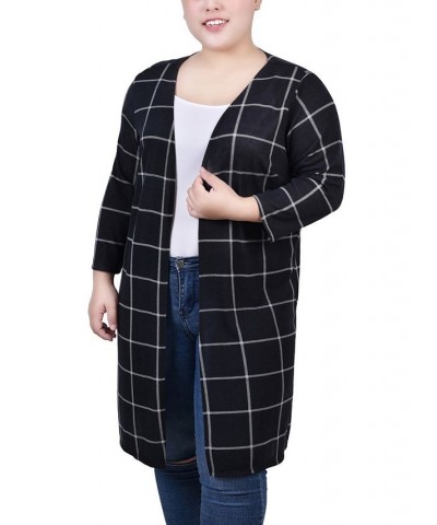 Plus Size 3/4 Sleeve Knit Cardigan Black White Plaid $12.32 Sweaters