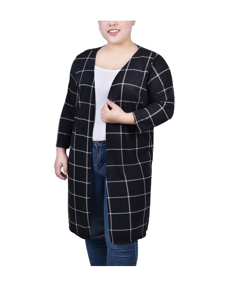 Plus Size 3/4 Sleeve Knit Cardigan Black White Plaid $12.32 Sweaters