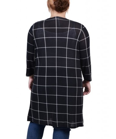 Plus Size 3/4 Sleeve Knit Cardigan Black White Plaid $12.32 Sweaters