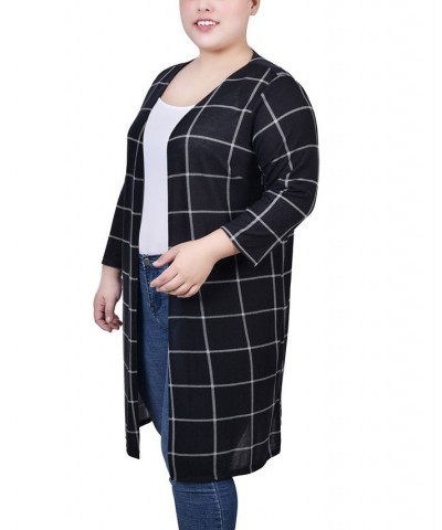 Plus Size 3/4 Sleeve Knit Cardigan Black White Plaid $12.32 Sweaters