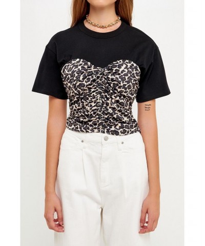 Women's Leopard Shirred Cropped Top Black multi $36.80 Tops