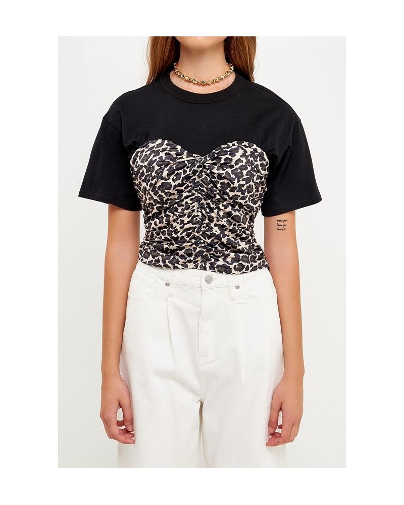 Women's Leopard Shirred Cropped Top Black multi $36.80 Tops