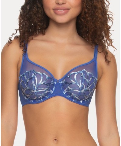 Women's Lotus Embroidered Unlined Underwire Bra 115088 Blue $20.41 Bras