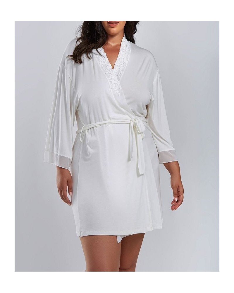 Cecily Plus Size Lace Robe with Mesh Trimmed Sleeves and Self Tie with Sash White $60.96 Sleepwear