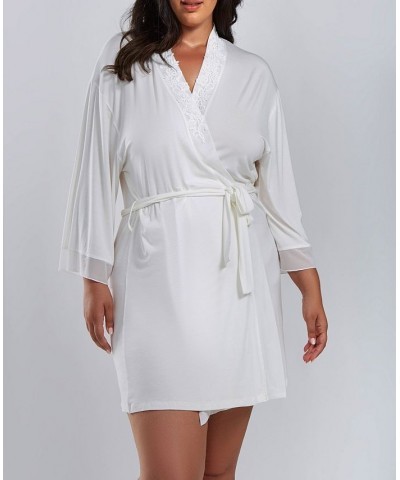 Cecily Plus Size Lace Robe with Mesh Trimmed Sleeves and Self Tie with Sash White $60.96 Sleepwear