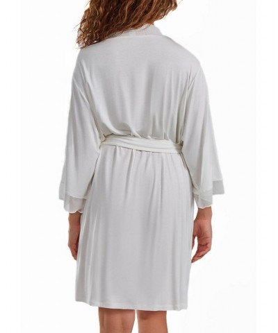 Cecily Plus Size Lace Robe with Mesh Trimmed Sleeves and Self Tie with Sash White $60.96 Sleepwear