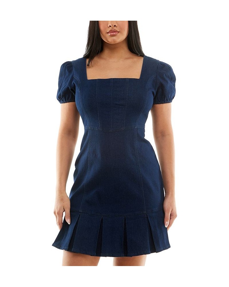 Juniors' Puff-Sleeve Denim Dress Blue $19.60 Dresses