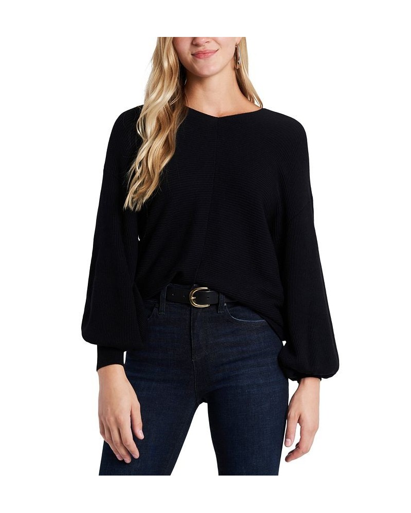 Women's Rib-Knit Bubble Sleeve Long Sleeve Sweater Black $28.27 Sweaters