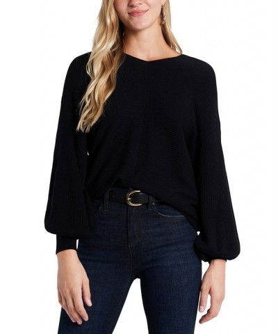 Women's Rib-Knit Bubble Sleeve Long Sleeve Sweater Black $28.27 Sweaters