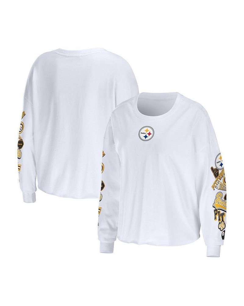 Women's White Pittsburgh Steelers Celebration Cropped Long Sleeve T-shirt White $23.10 Tops