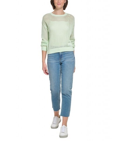 Women's Cotton Open-Stitch Sweater Green $19.69 Sweaters