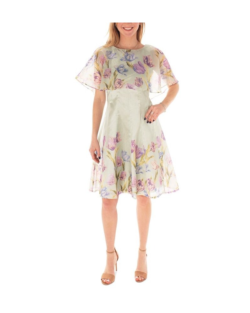 Women's Floral-Border-Print Organza Cape Dress Green $59.20 Dresses