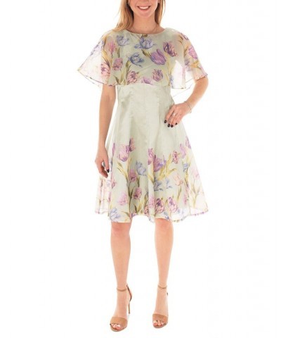 Women's Floral-Border-Print Organza Cape Dress Green $59.20 Dresses