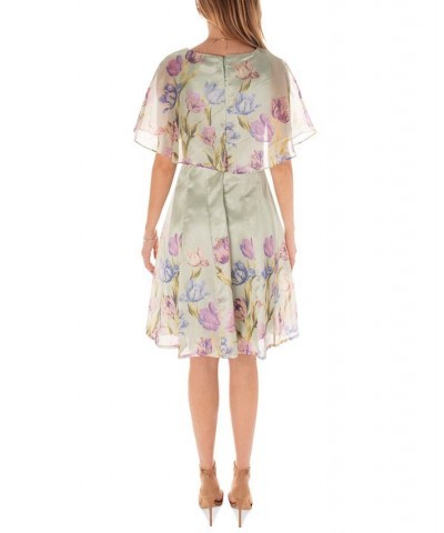 Women's Floral-Border-Print Organza Cape Dress Green $59.20 Dresses