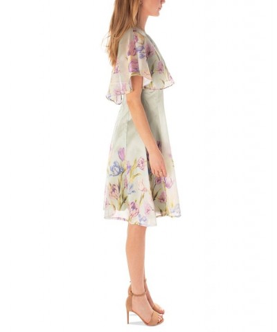 Women's Floral-Border-Print Organza Cape Dress Green $59.20 Dresses