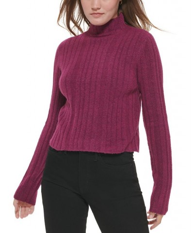 Women's Cropped Mock Neck Sweater Purple $26.51 Sweaters