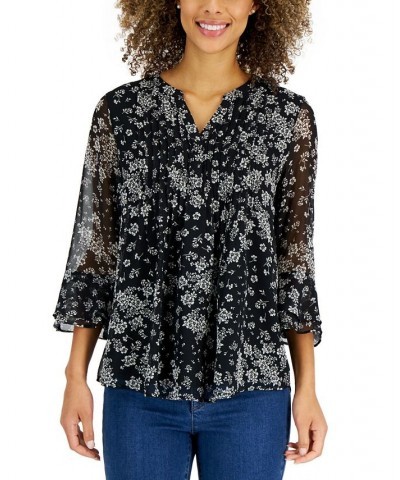 Petite Printed Ruffled Blouse Black $24.61 Tops