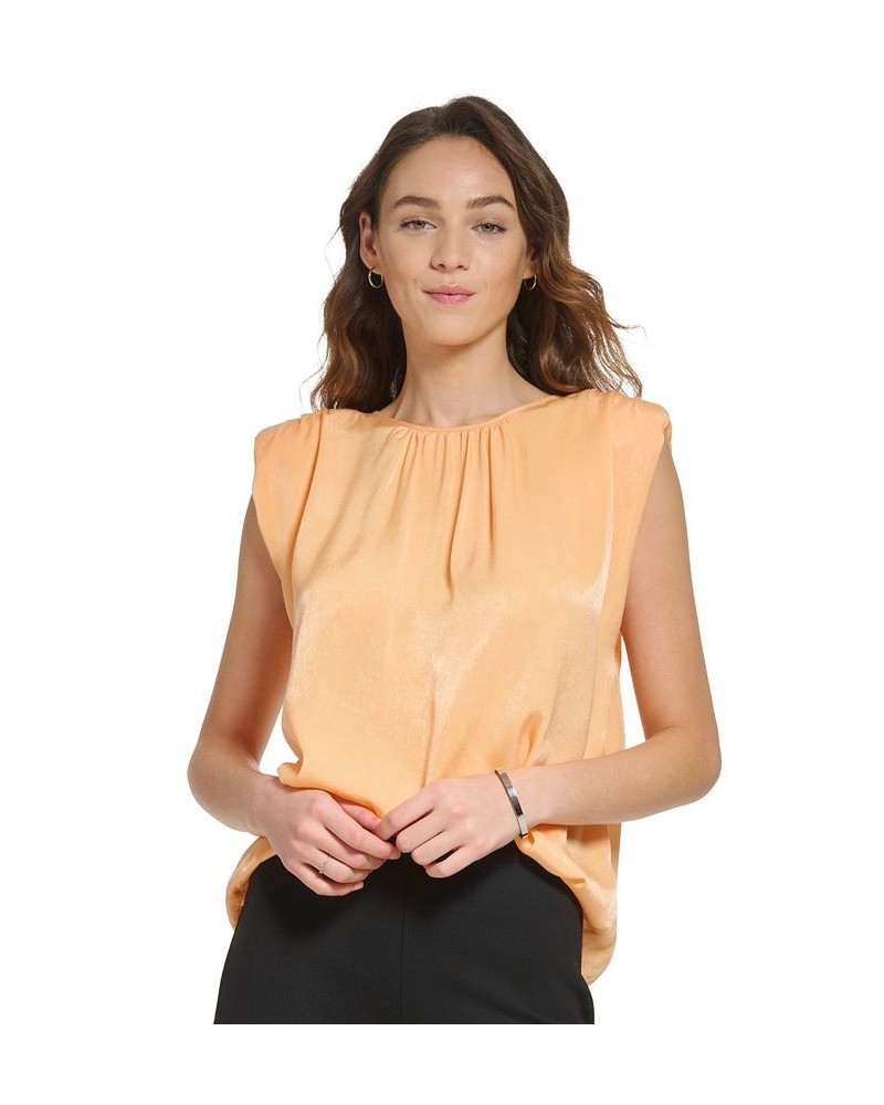 Women's Solid Satin Crewneck Shoulder-Pad Top Canteloupe $42.66 Tops