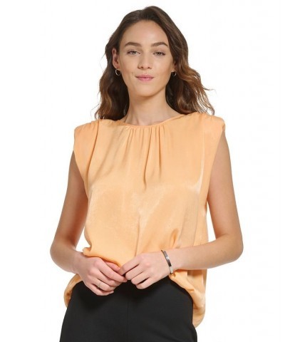 Women's Solid Satin Crewneck Shoulder-Pad Top Canteloupe $42.66 Tops