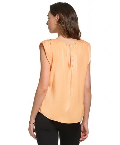 Women's Solid Satin Crewneck Shoulder-Pad Top Canteloupe $42.66 Tops