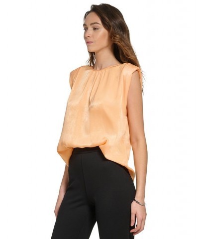 Women's Solid Satin Crewneck Shoulder-Pad Top Canteloupe $42.66 Tops