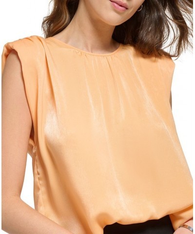 Women's Solid Satin Crewneck Shoulder-Pad Top Canteloupe $42.66 Tops