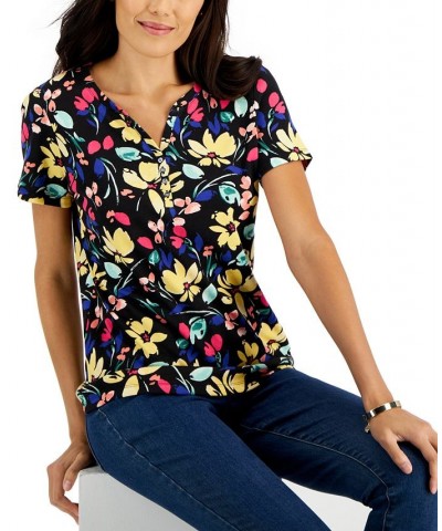 Women's Short-Sleeve Floral-Print Henley Top Black $10.79 Tops