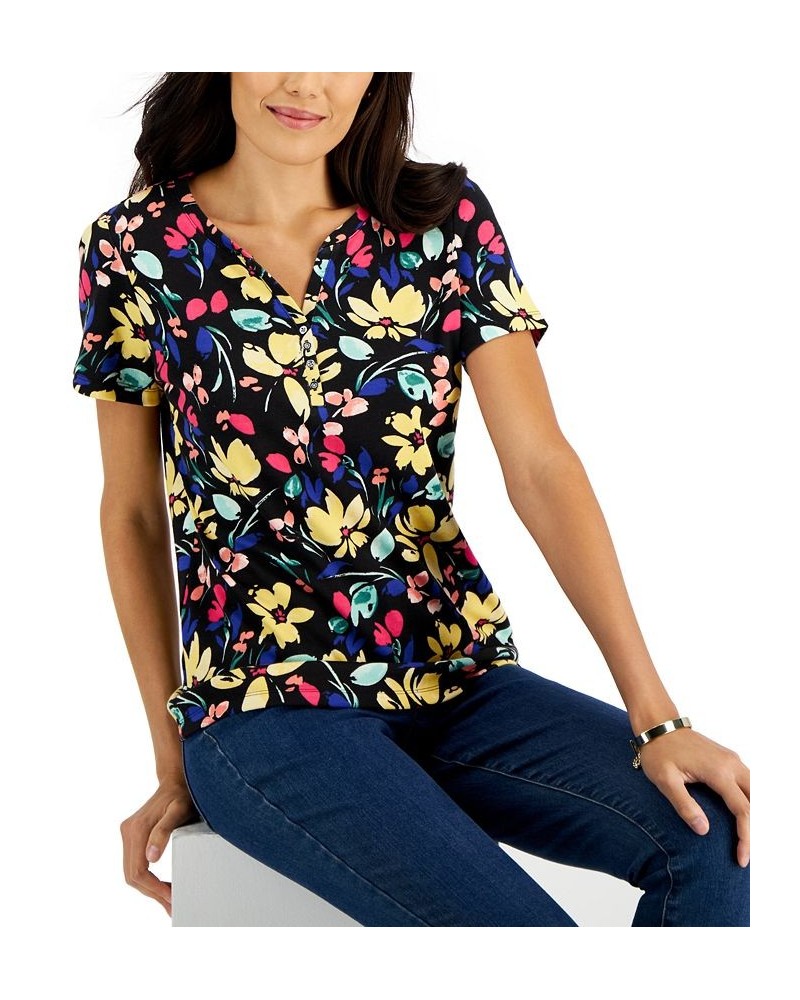 Women's Short-Sleeve Floral-Print Henley Top Black $10.79 Tops