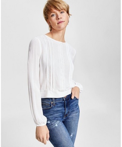 Juniors' Lace-Trim Long-Sleeve Woven Top White $12.90 Tops