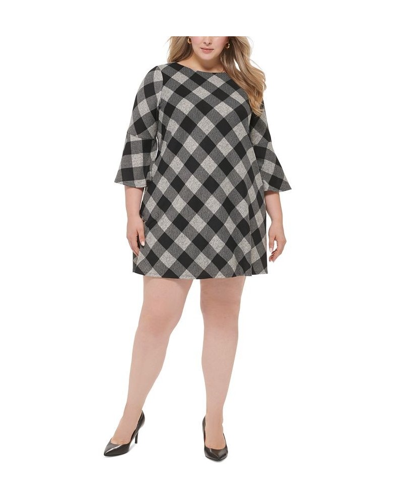 Plus Size Plaid Bell-Sleeve Shift Dress Black White $23.22 Dresses