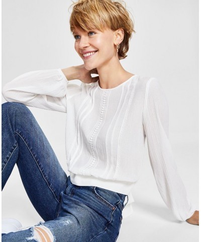 Juniors' Lace-Trim Long-Sleeve Woven Top White $12.90 Tops