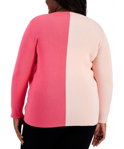 Plus Size Colorblocked Ribbed Cardigan Sweater Cherry Blossom/camellia $30.96 Sweaters