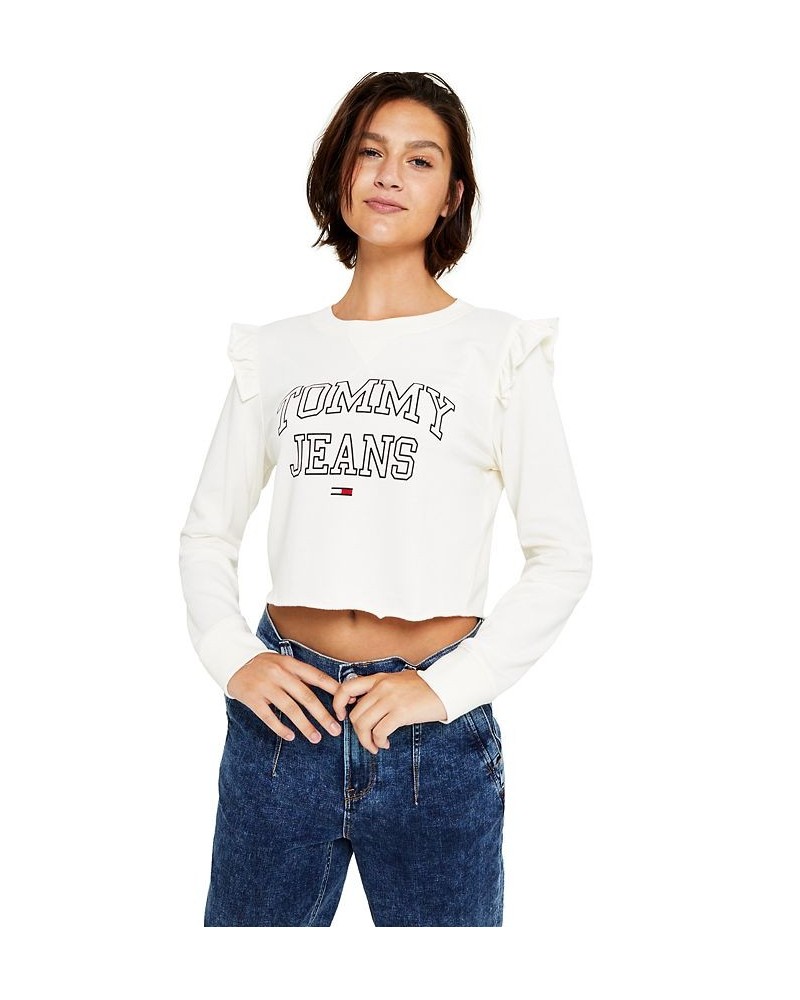 Women's Cropped Ruffle-Trim Sweatshirt Egret $17.77 Sweatshirts