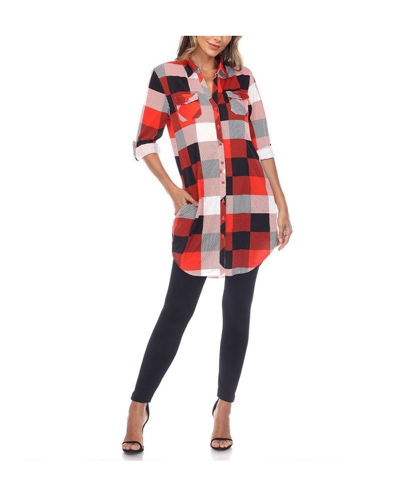 Women's Plaid Tunic Shirt Red and Black $20.52 Tops