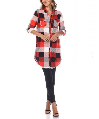 Women's Plaid Tunic Shirt Red and Black $20.52 Tops