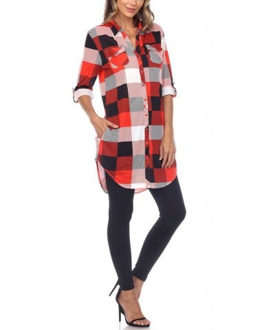 Women's Plaid Tunic Shirt Red and Black $20.52 Tops