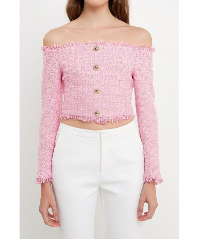 Women's Tweed Off the Shoulder Top Pink $53.90 Tops