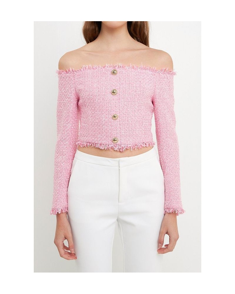 Women's Tweed Off the Shoulder Top Pink $53.90 Tops