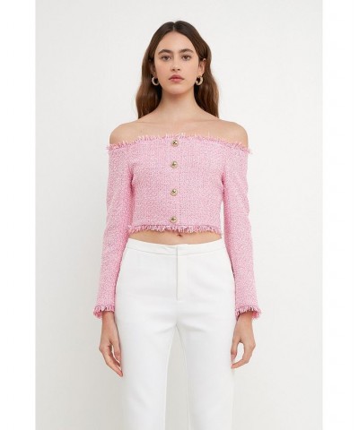 Women's Tweed Off the Shoulder Top Pink $53.90 Tops