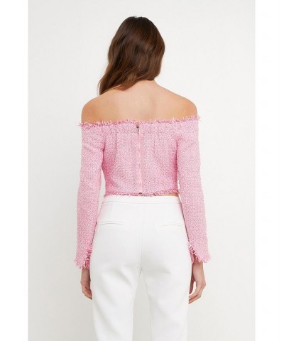 Women's Tweed Off the Shoulder Top Pink $53.90 Tops